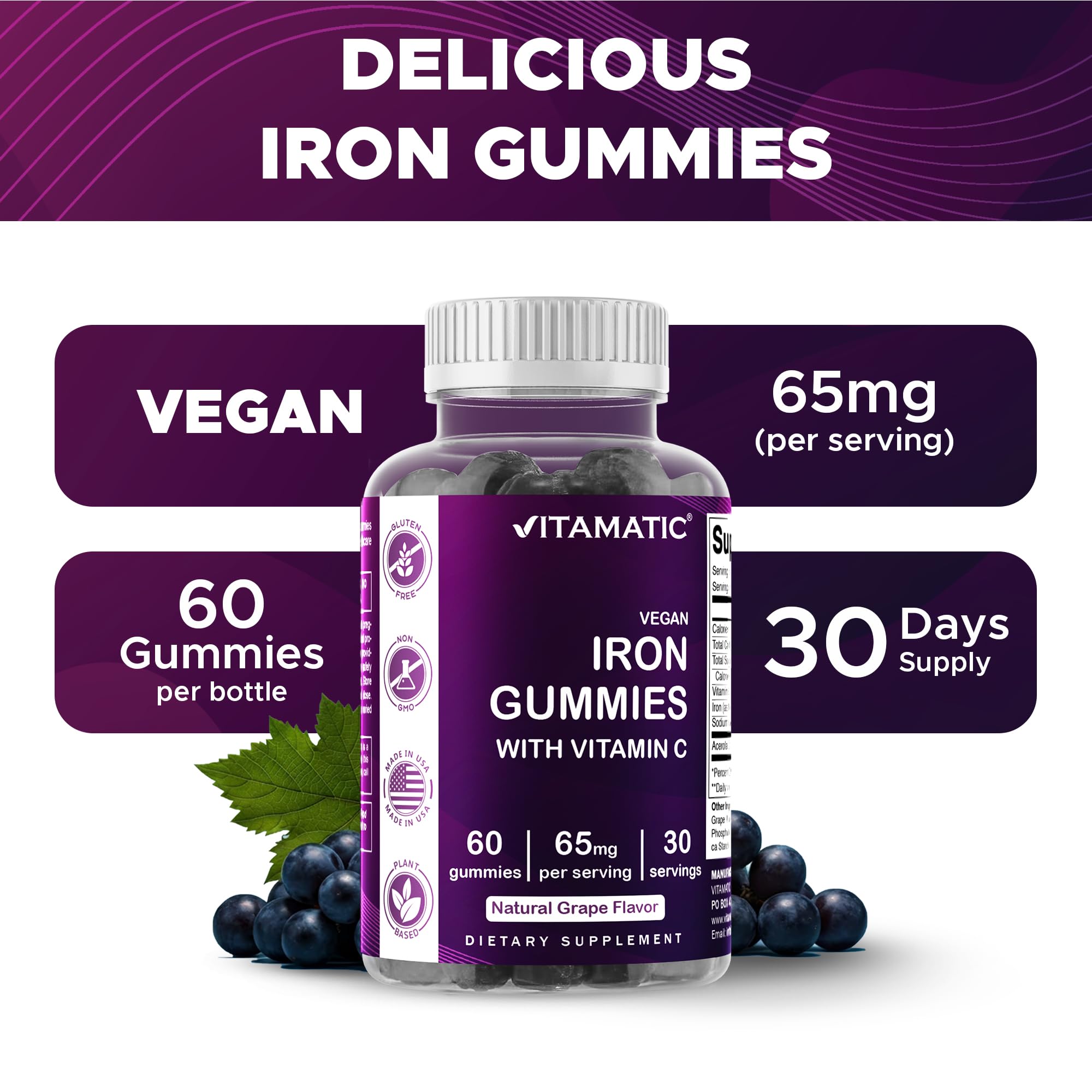 Grape flavor graphic for Vitamatic Iron Gummies