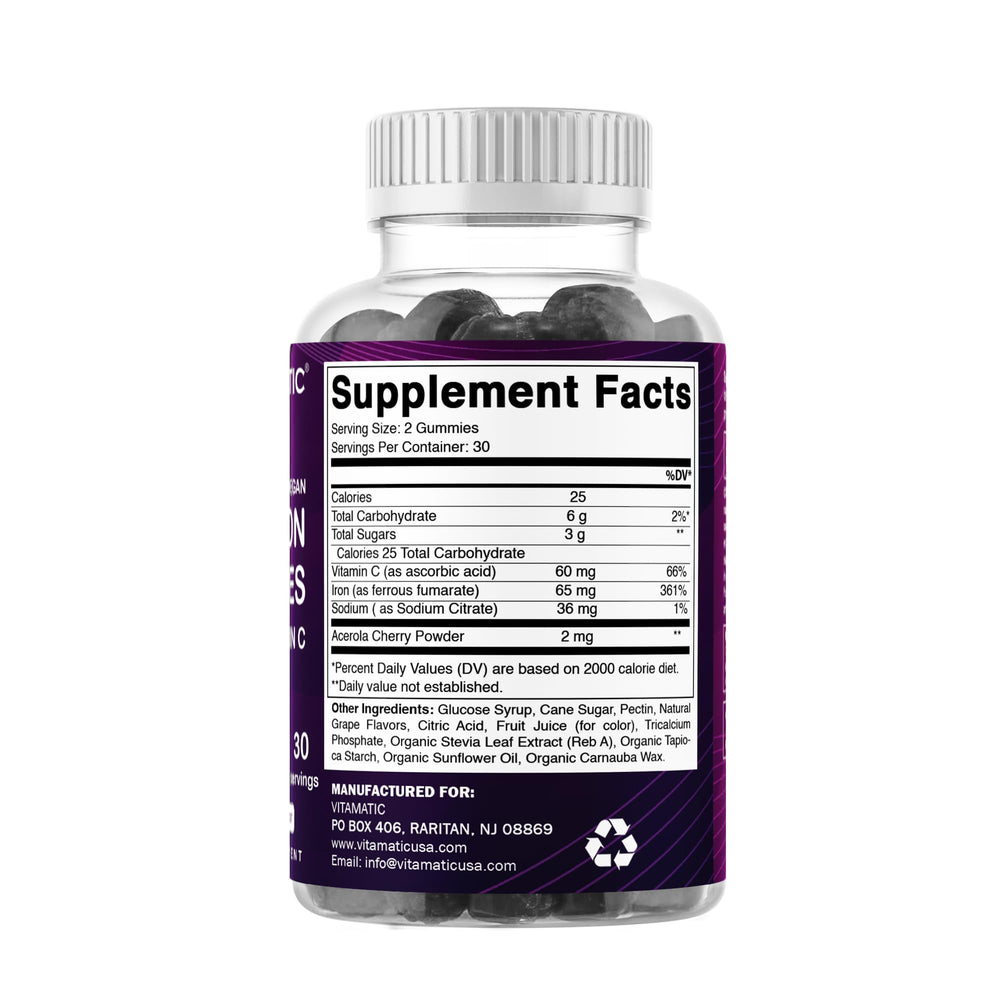 Close-up of grape-flavored Vitamatic Iron Gummies