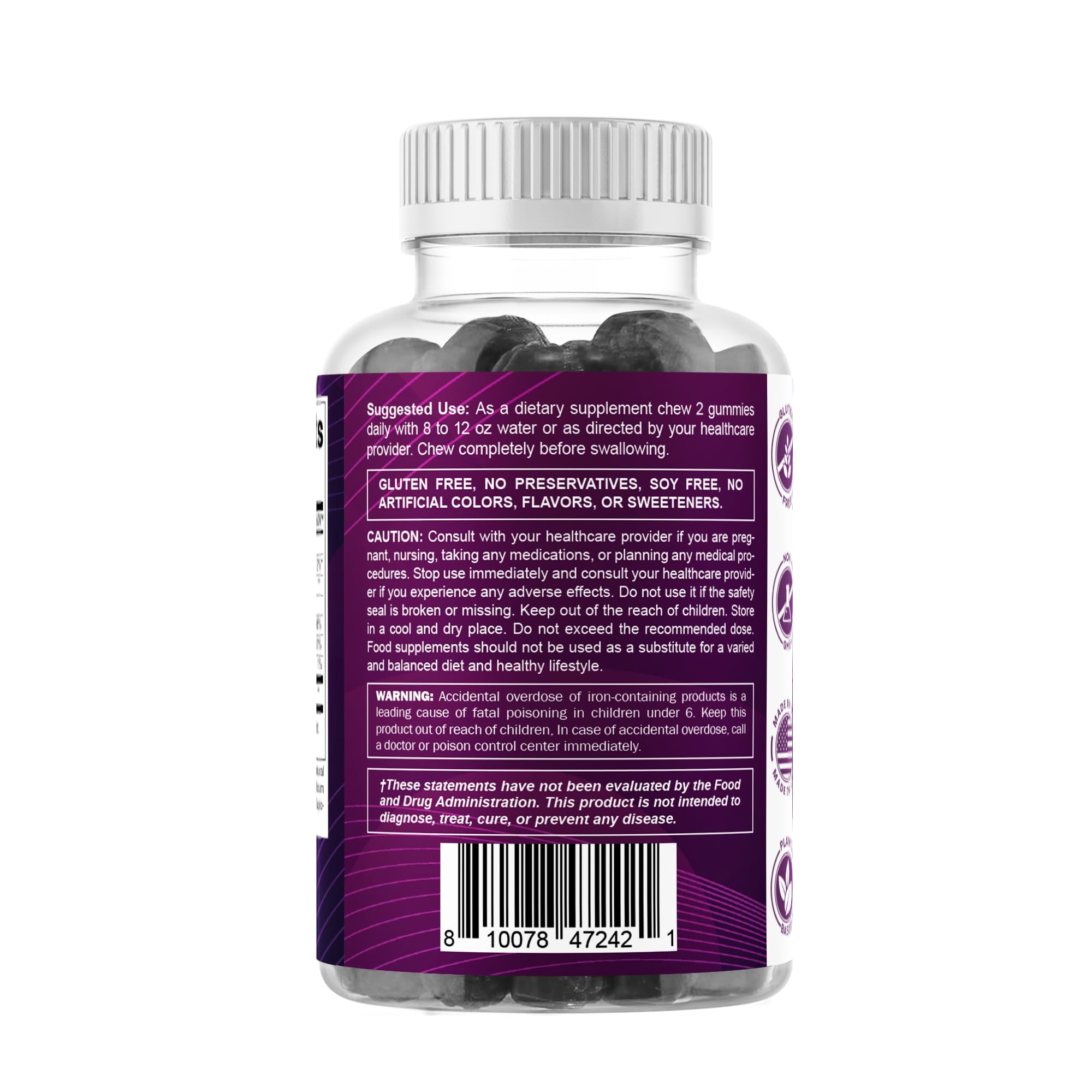 Nutrition facts panel on Vitamatic Iron Gummies bottle