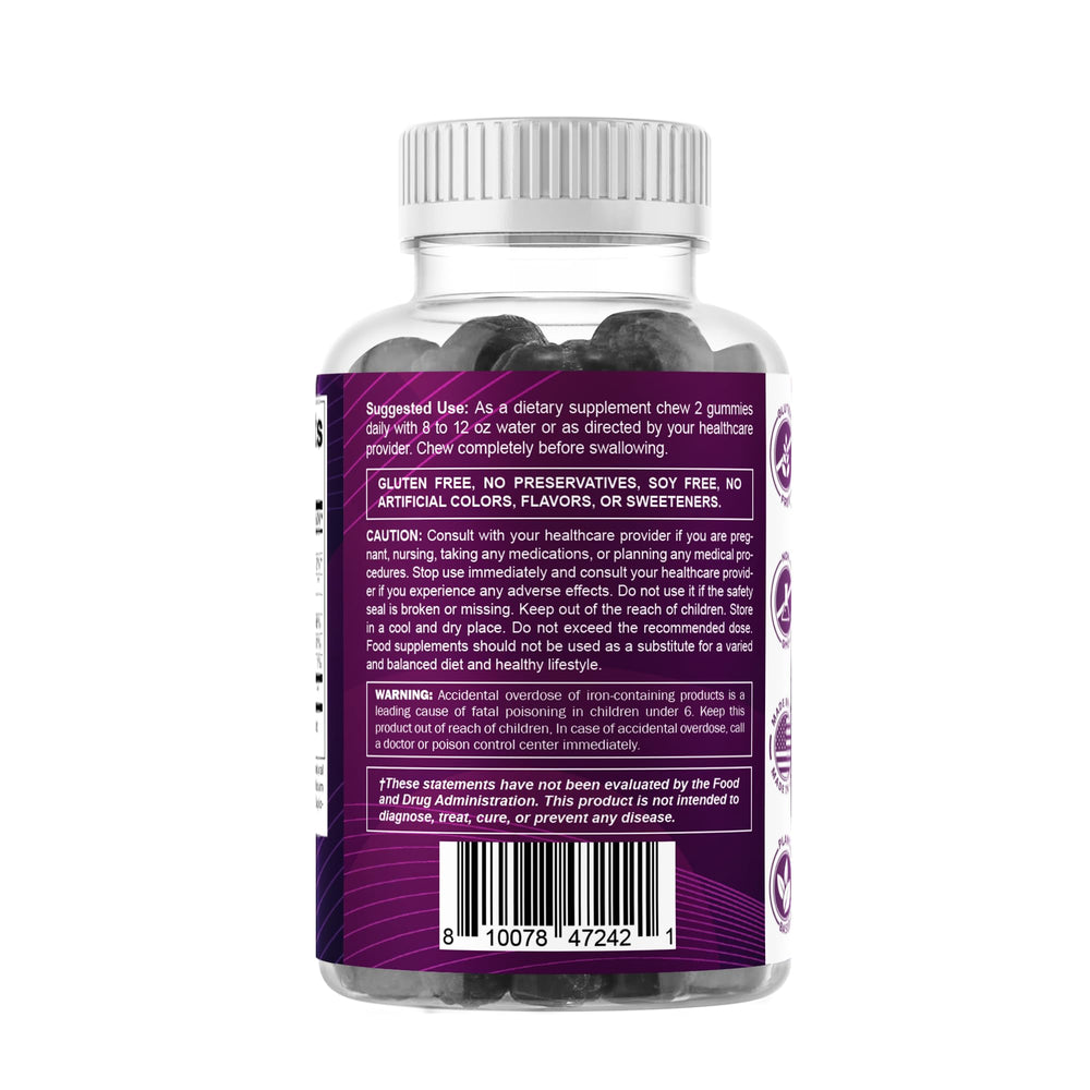 Nutrition facts panel on Vitamatic Iron Gummies bottle