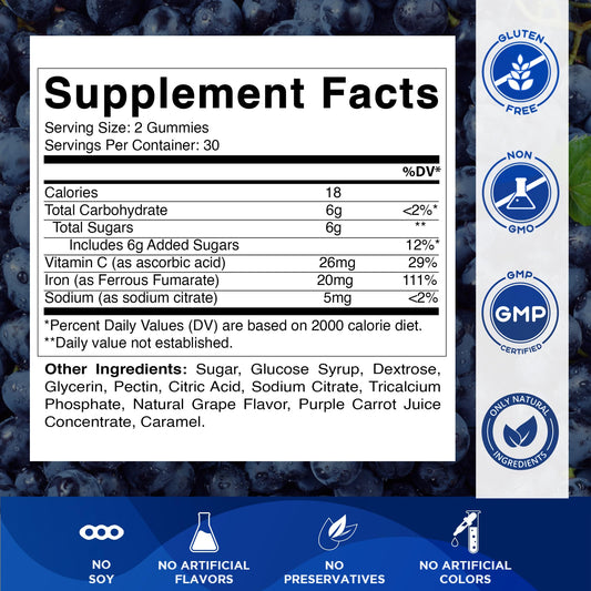 Bottle displaying 60 Vitamatic Iron Gummies