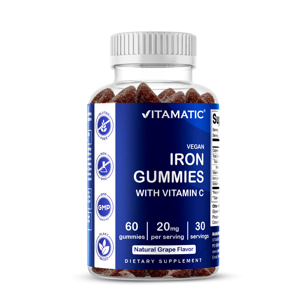 Front label of Vitamatic Iron Gummies grape flavor