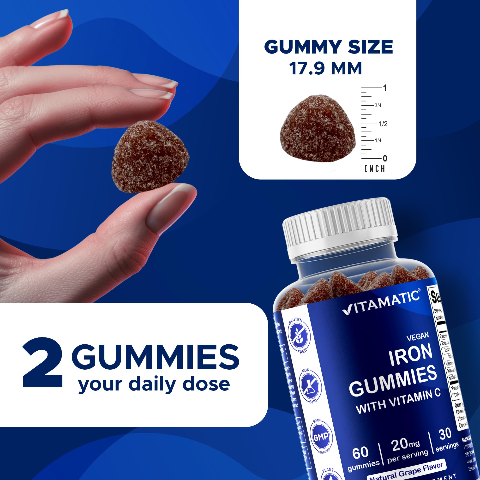 Ingredients and nutrition label for Vitamatic Iron Gummies
