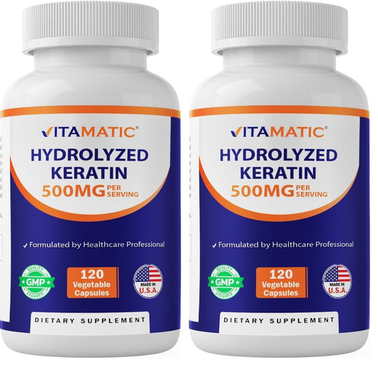 Vitamatic Hydrolyzed Keratin 500mg per serving bottle label