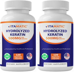Vitamatic Hydrolyzed Keratin 500mg per serving bottle label