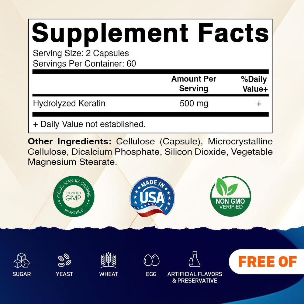 Close-up of 120 vegetarian Keratin capsules in bottle