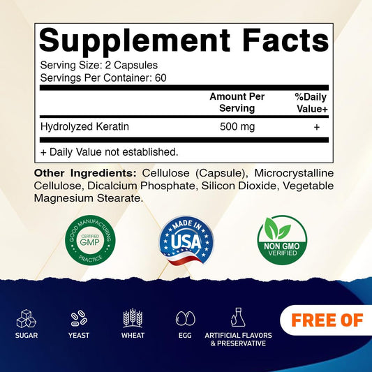 Close-up of 120 vegetarian Keratin capsules in bottle