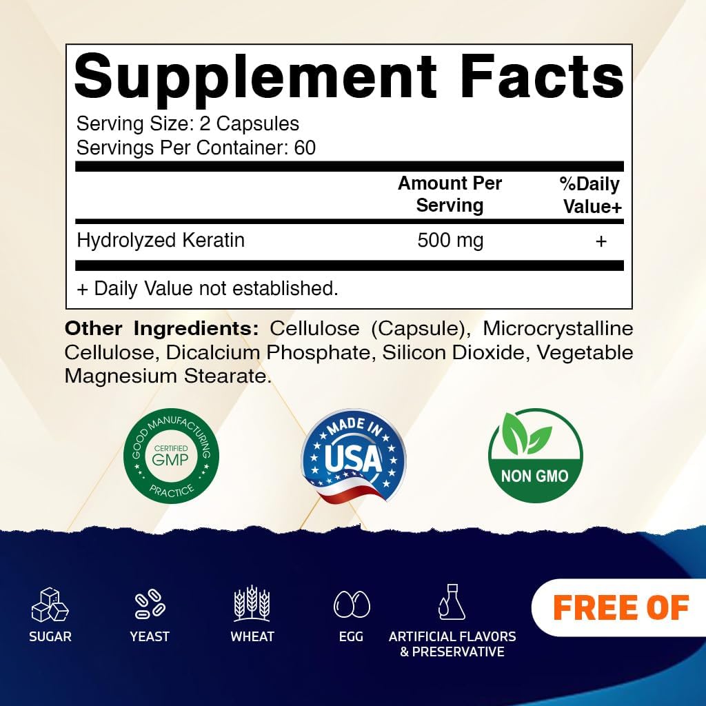 Close-up of Vitamatic Keratin supplement bottle label