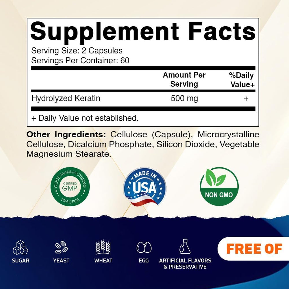 Close-up of Vitamatic Keratin supplement bottle label