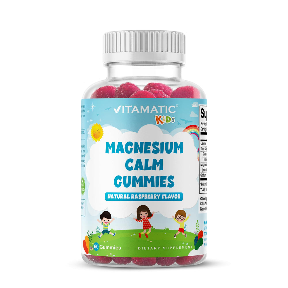 Front view of Vitamatic Kids Magnesium Calm Gummies bottle with raspberry flavor