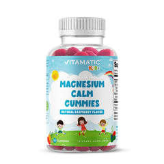 Front view of Vitamatic Kids Magnesium Calm Gummies bottle with raspberry flavor