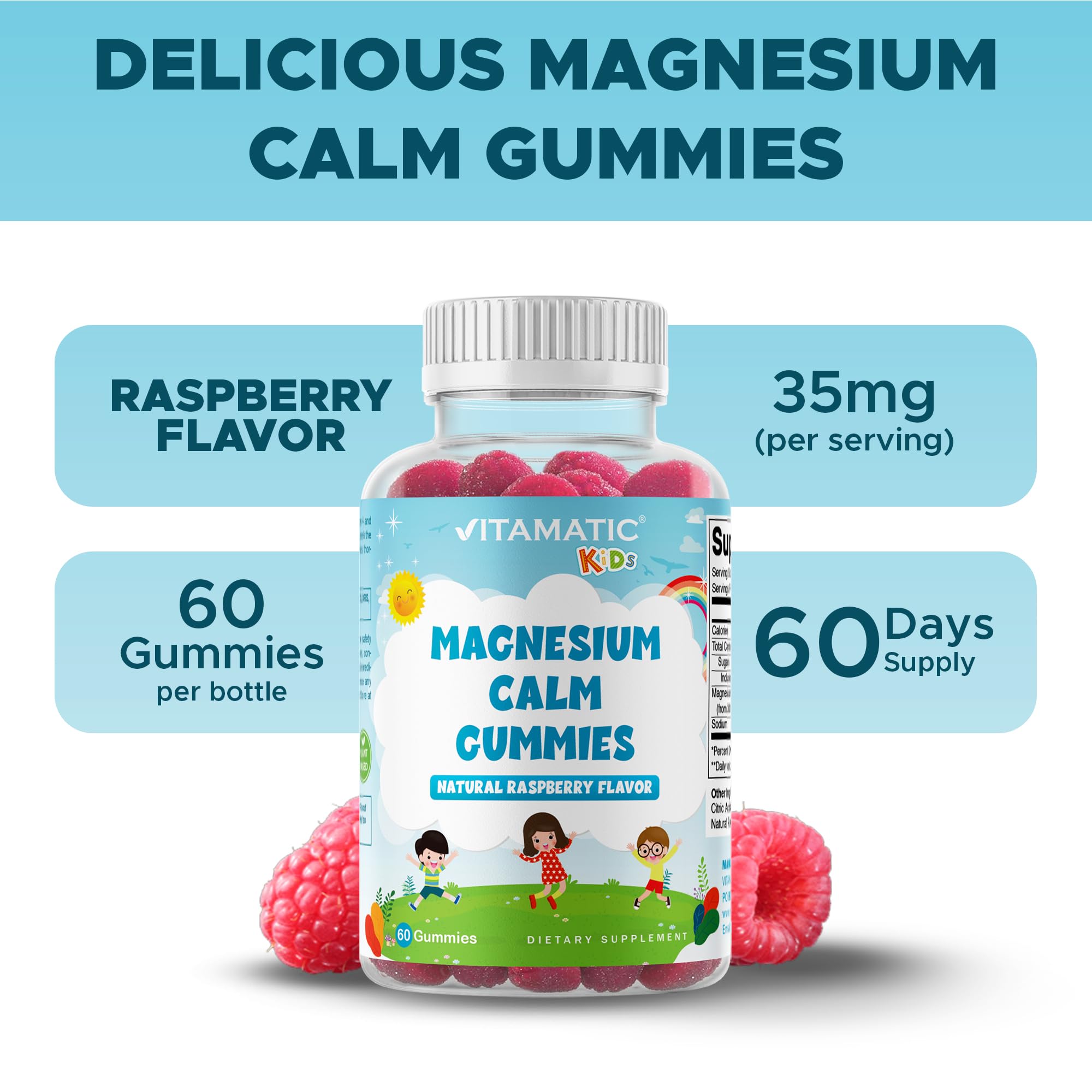 Nutrition facts and ingredient highlights image for Vitamatic Kids Magnesium Calm Gummies