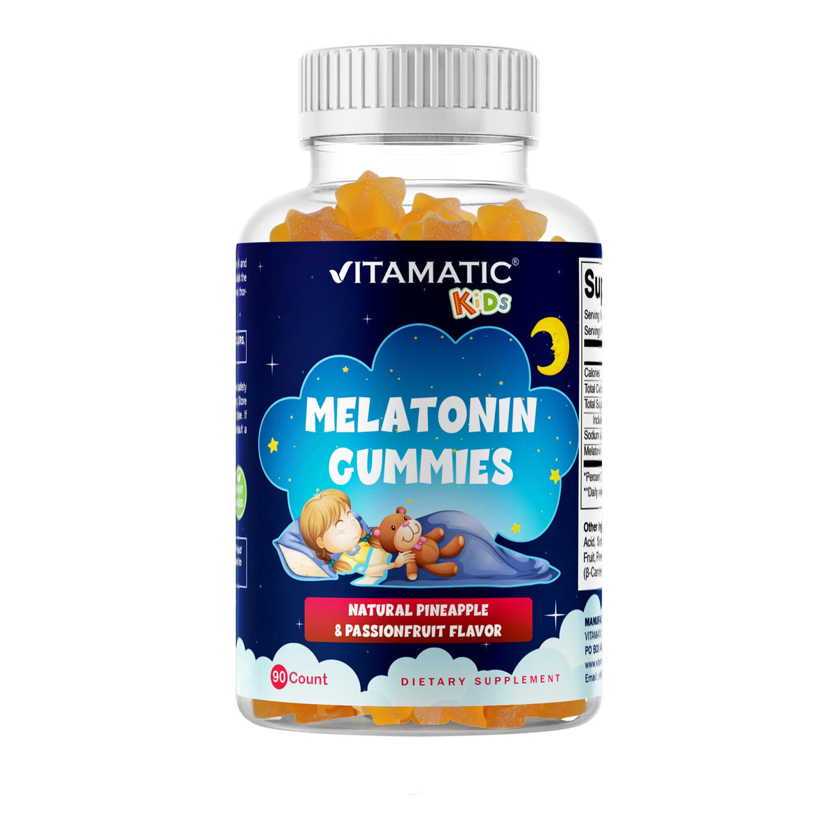 Vitamatic Kids Melatonin 1mg bottle with pineapple and passionfruit gummies