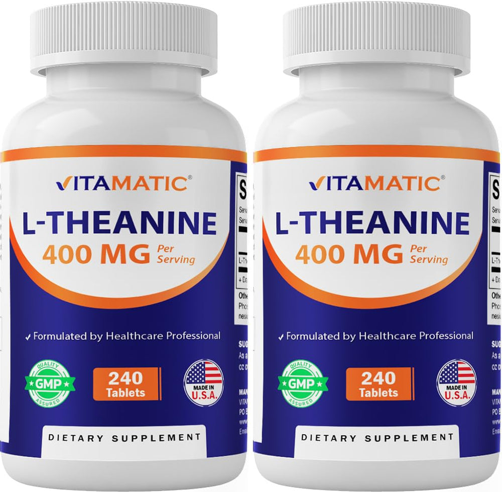 Front view of Vitamatic L-Theanine 400mg bottle with 240 tablets