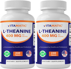 Front view of Vitamatic L-Theanine 400mg bottle with 240 tablets