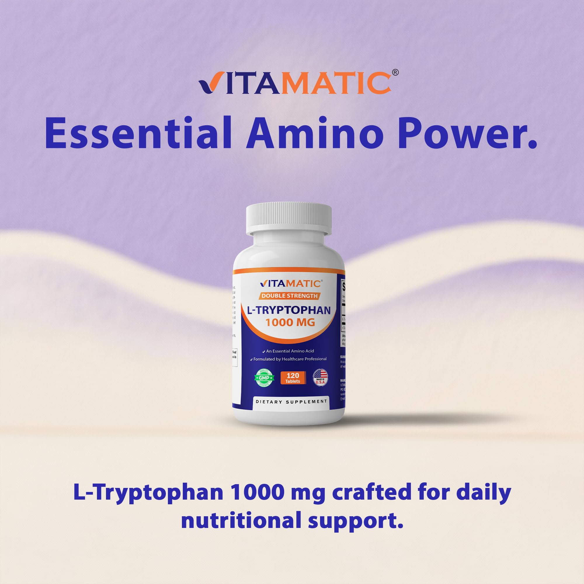 Supplement facts label for Vitamatic L-Tryptophan