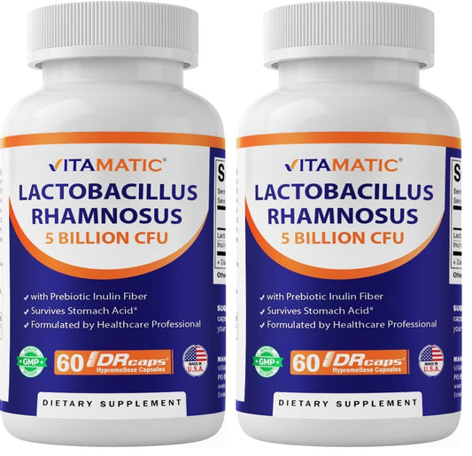 Vitamatic Lactobacillus Rhamnosus bottle front - Pack of 2, 60 capsules
