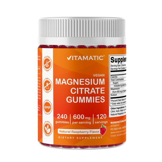 Vitamatic Magnesium Citrate Gummies Raspberry bottle and box