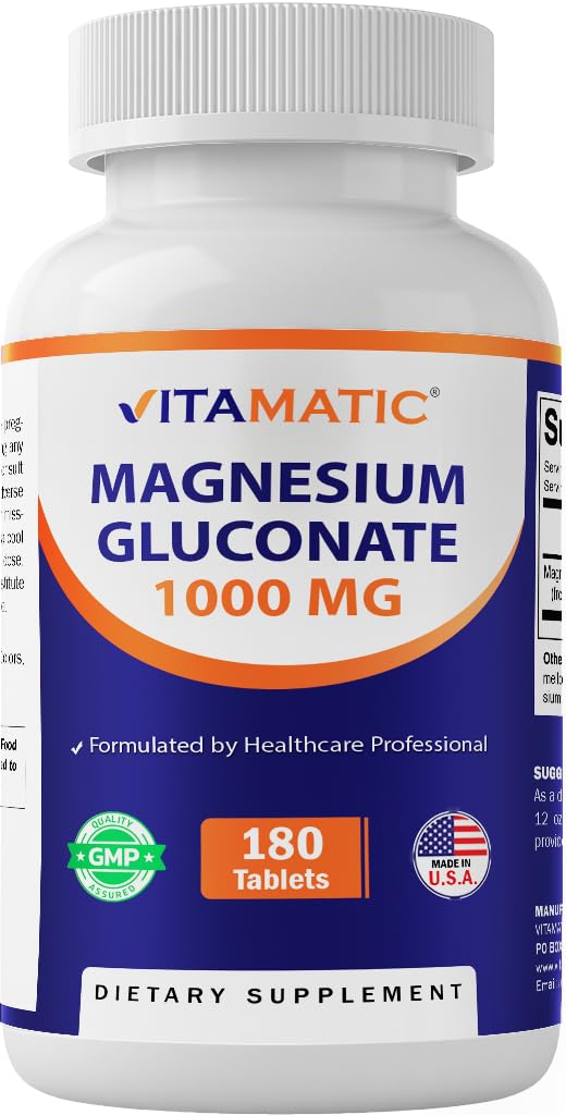 Vitamatic Magnesium Gluconate 1000 mg bottle, 180 vegetarian tablets, uncoated
