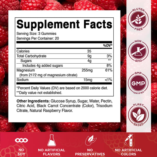 Close-up of raspberry-flavored magnesium gummies