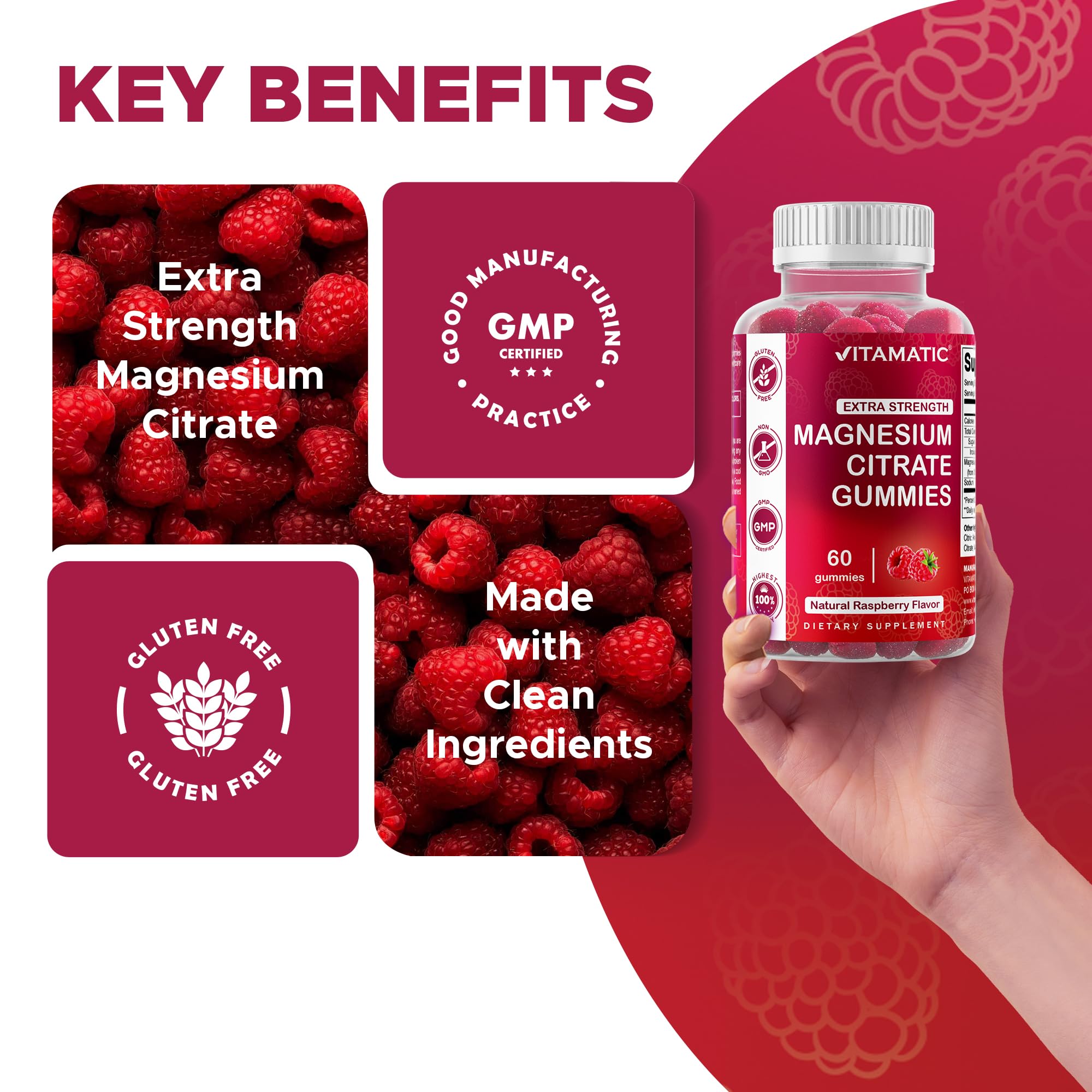 Daily serving of 60 vegan magnesium gummies on a white background