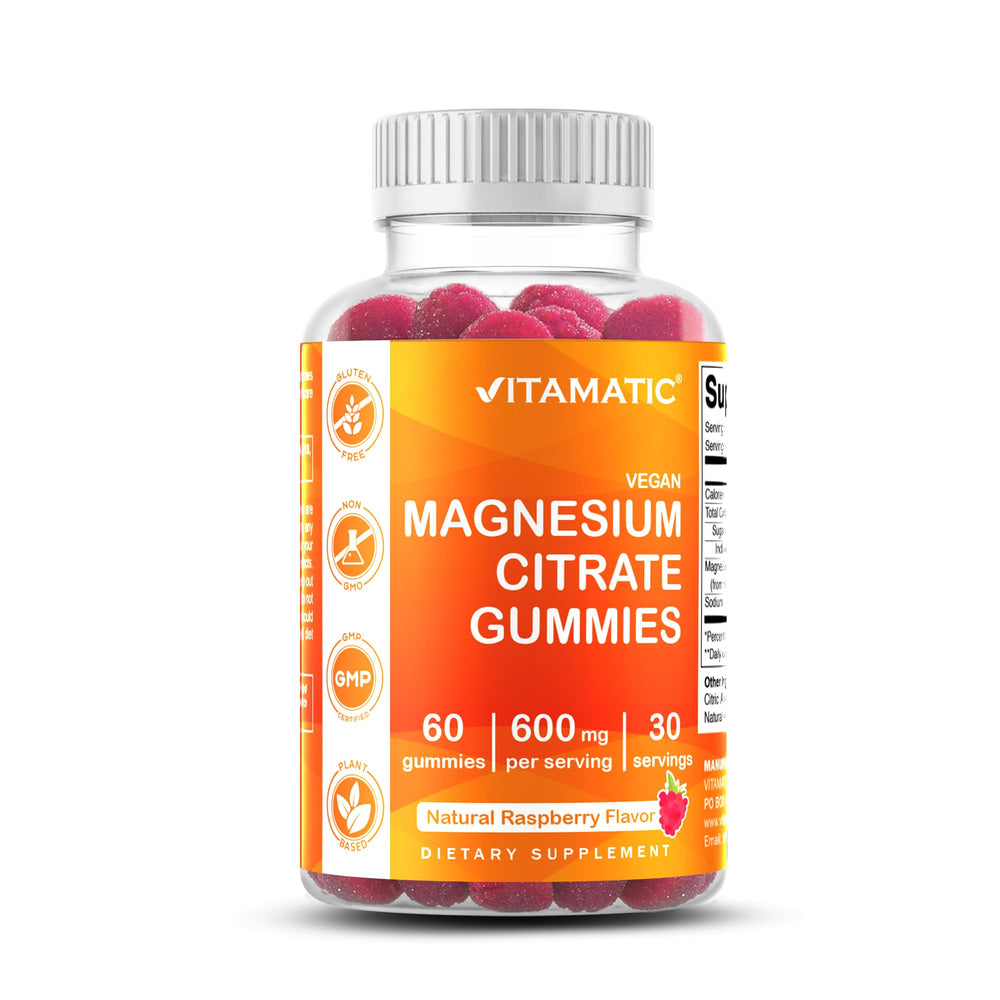 Vitamatic Magnesium Gummies bottle with raspberry flavor