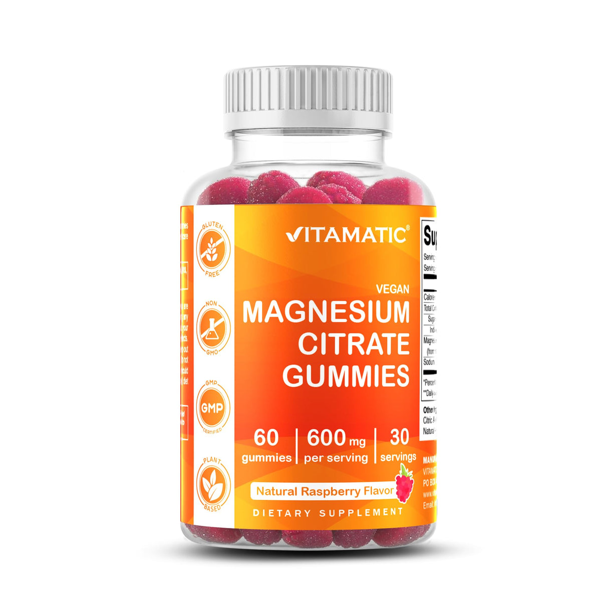 Vitamatic Magnesium Gummies bottle with raspberry flavor