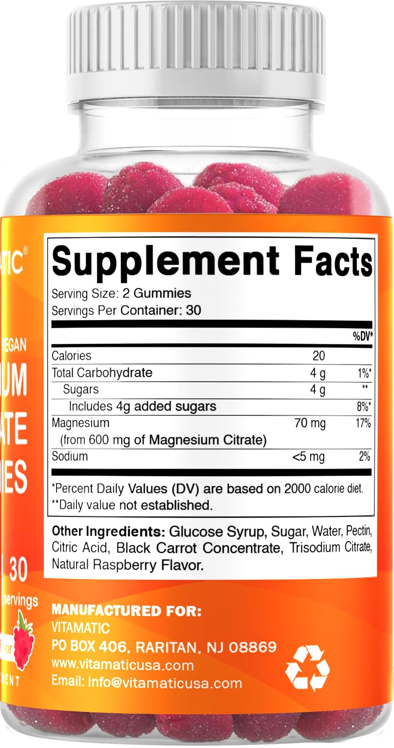 Vitamatic Magnesium Gummies bottle and supplement facts