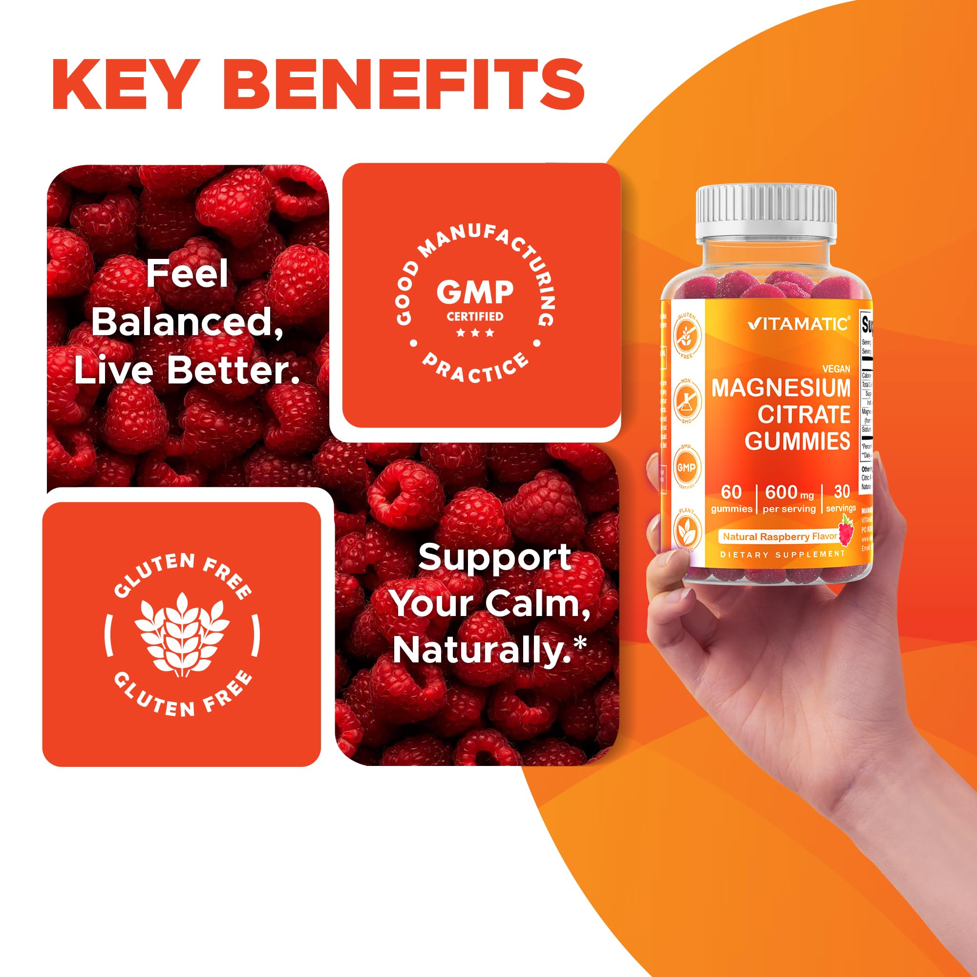 Label highlighting that gummies are free from starch, soy, yeast, wheat, egg, artificial color, flavor and preservatives