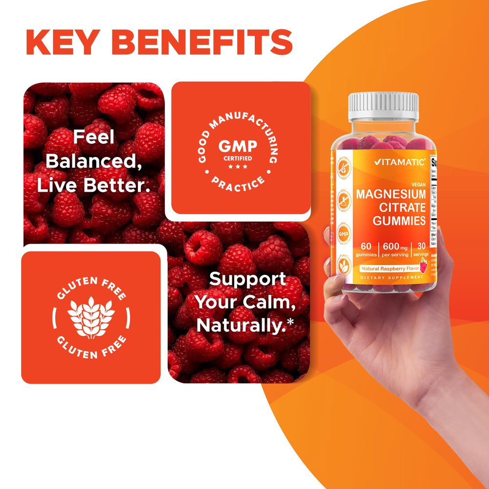 Label highlighting that gummies are free from starch, soy, yeast, wheat, egg, artificial color, flavor and preservatives