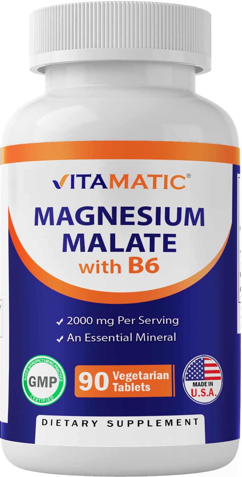 Bottle of Vitamatic Magnesium Malate 2000mg per serving with 90 vegetarian tablets