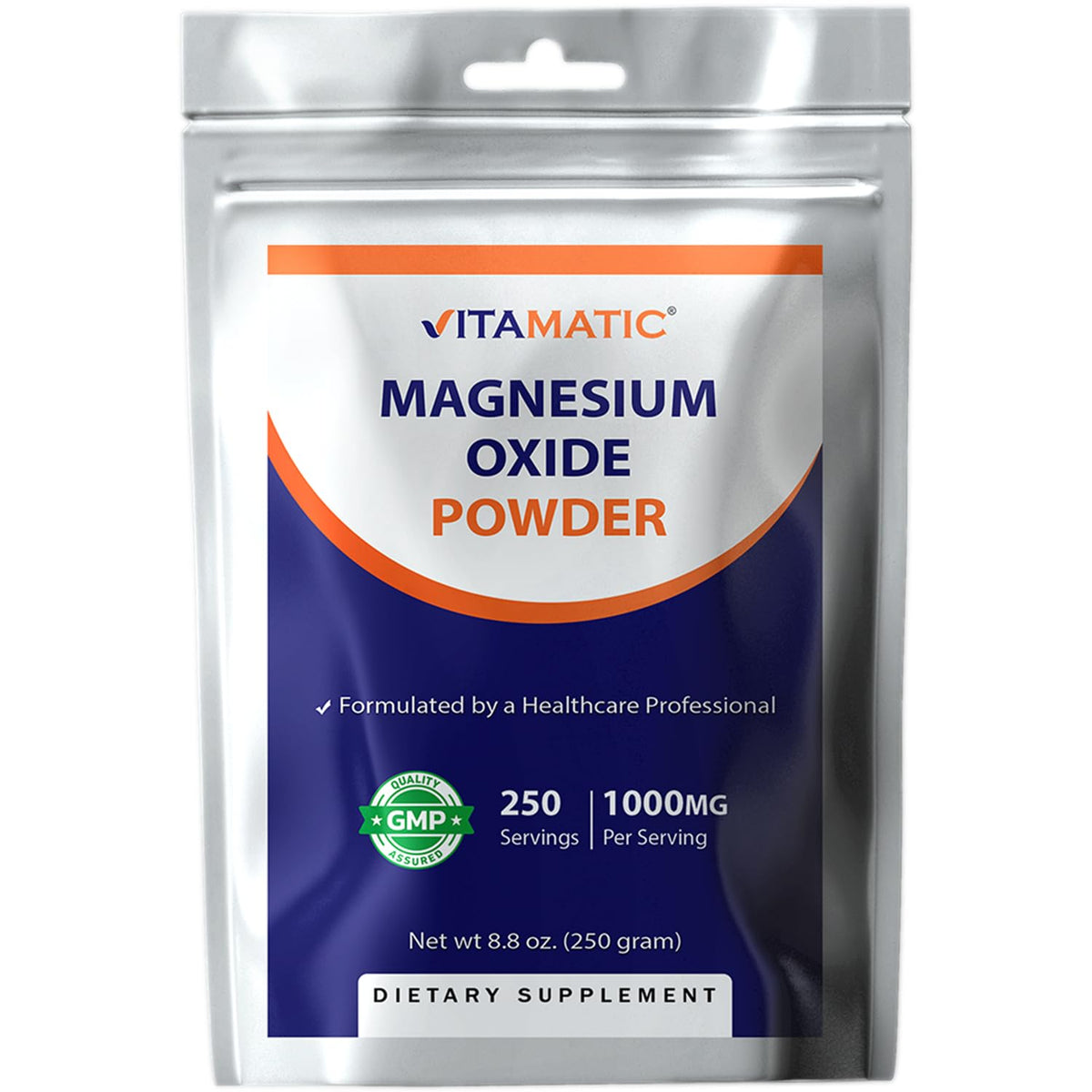 Vitamatic Magnesium Oxide Powder bottle with label showing 1000 mg per serving and 600 mg elemental magnesium