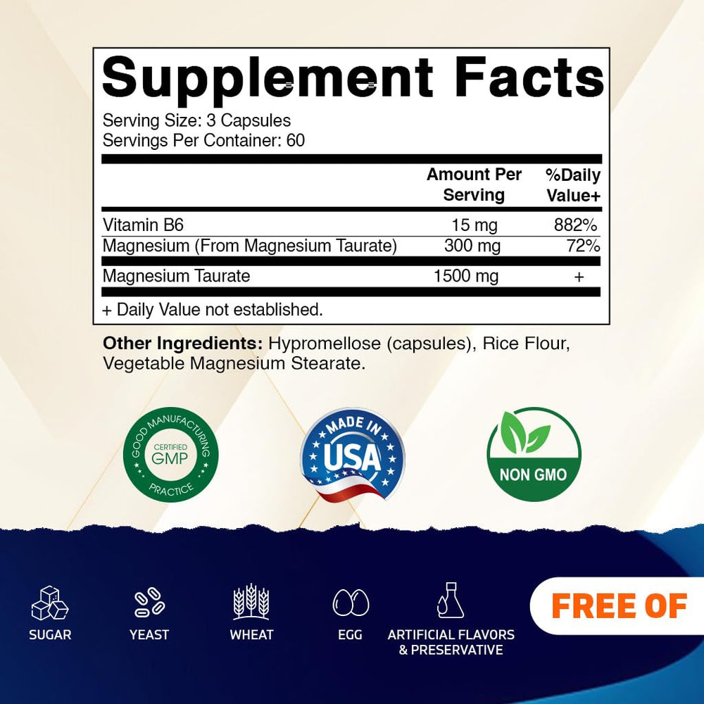Bottle of Vitamatic Magnesium Taurate 180 vegetarian capsules