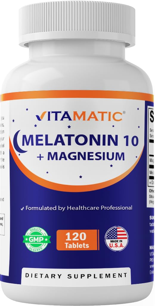 Front view of Vitamatic Melatonin bottle with 120 tablets