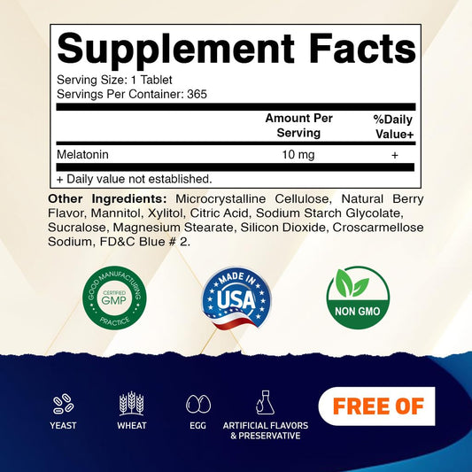 Vitamatic Melatonin 10 mg tablets berry flavor back of bottle with dosage info