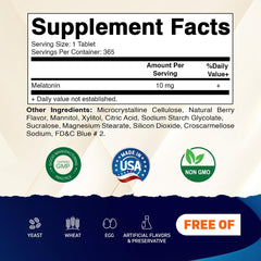 Vitamatic Melatonin 10 mg tablets berry flavor back of bottle with dosage info