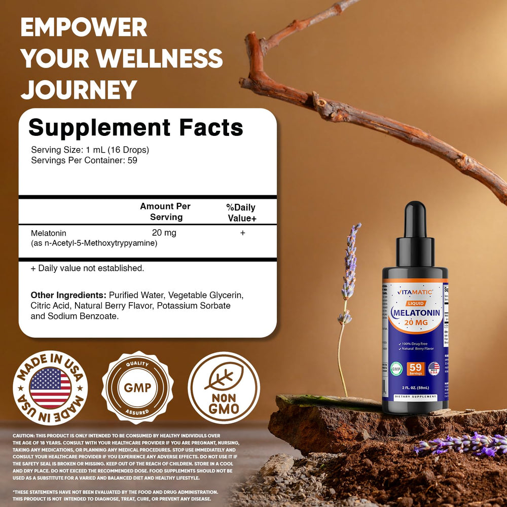 Vitamatic Melatonin 20mg liquid drops berry bottle side view