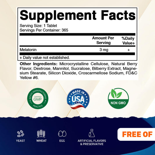 Vitamatic Melatonin 3mg tablets berry flavor bottle and label