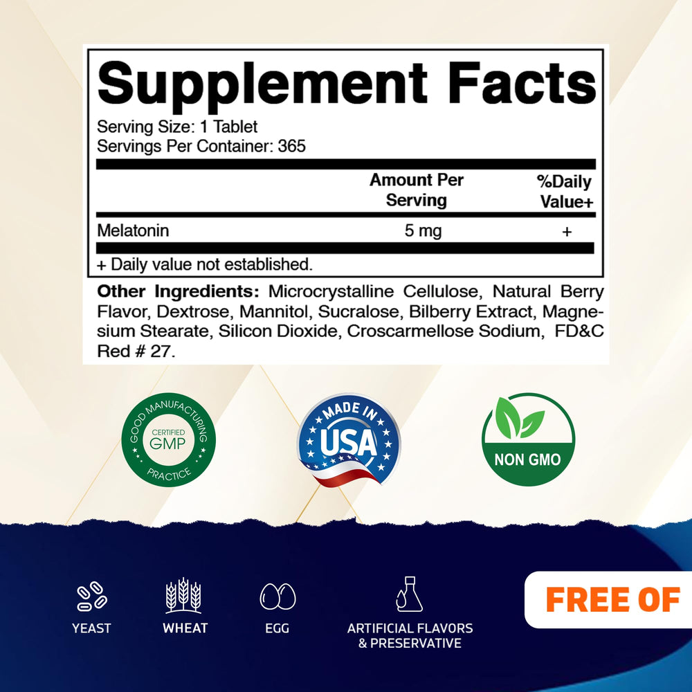 Vitamatic Melatonin 5 mg tablets in berry flavor – back label