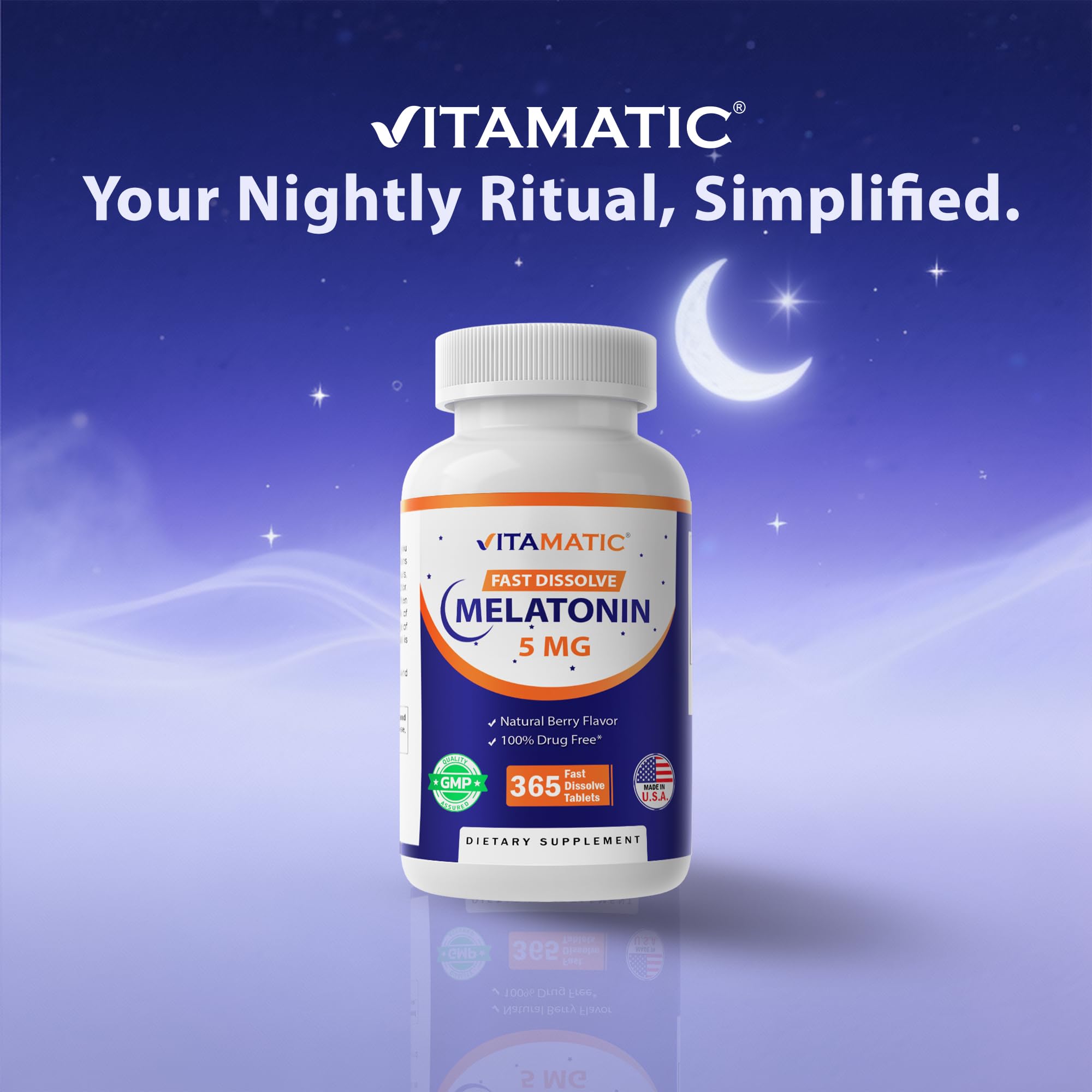 Close-up of fast-dissolve Melatonin 5 mg tablets