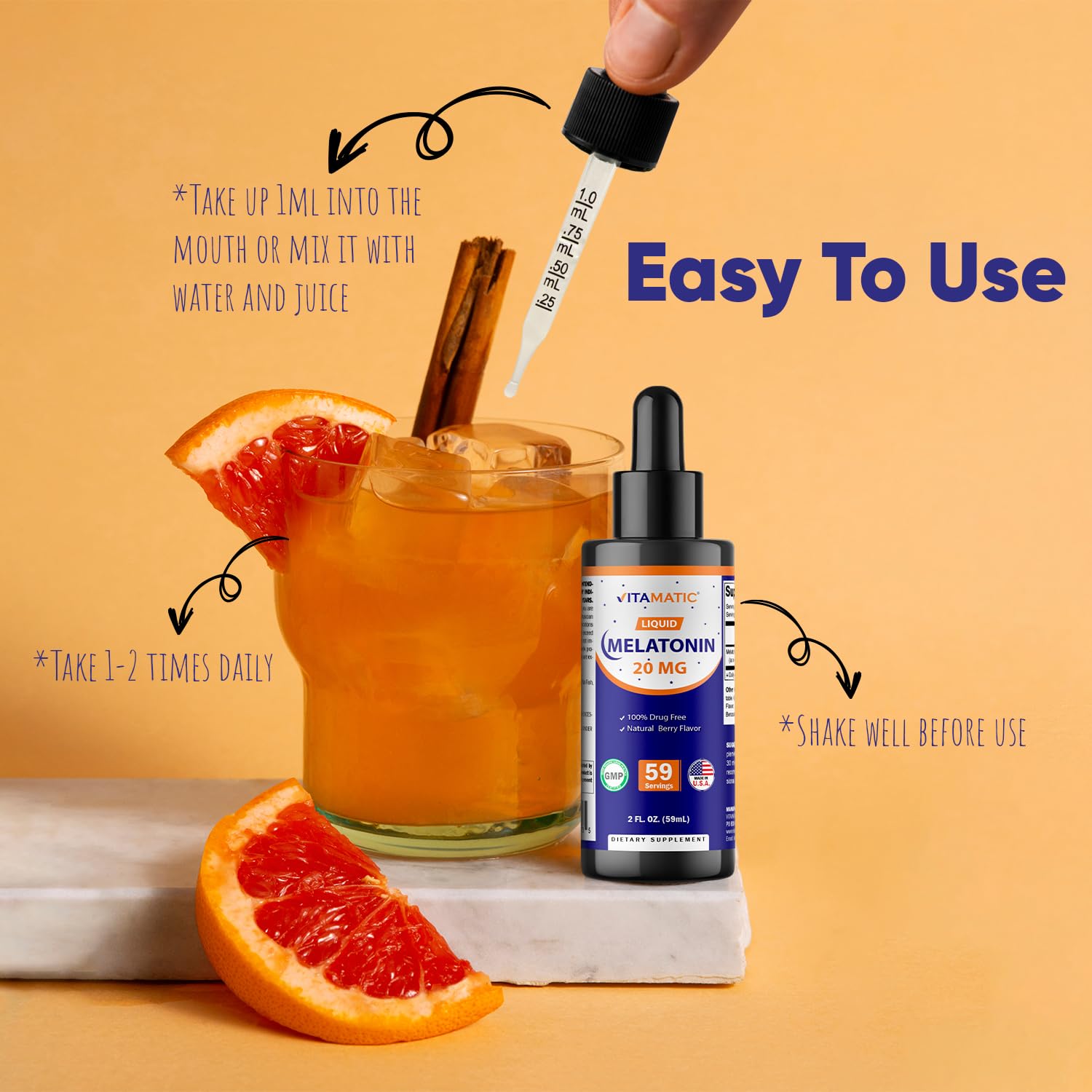 Vitamatic Melatonin Berry Drops dropper close-up shows precise 1 mg to 30 mg dosing.