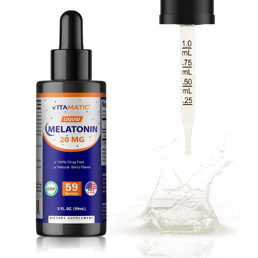 Vitamatic Melatonin Berry Drops liquid visible in clear bottle to emphasize bioavailability.