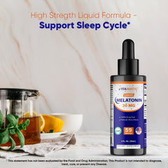 Vitamatic Melatonin Berry Drops glass shot highlights premium nighttime ritual support.