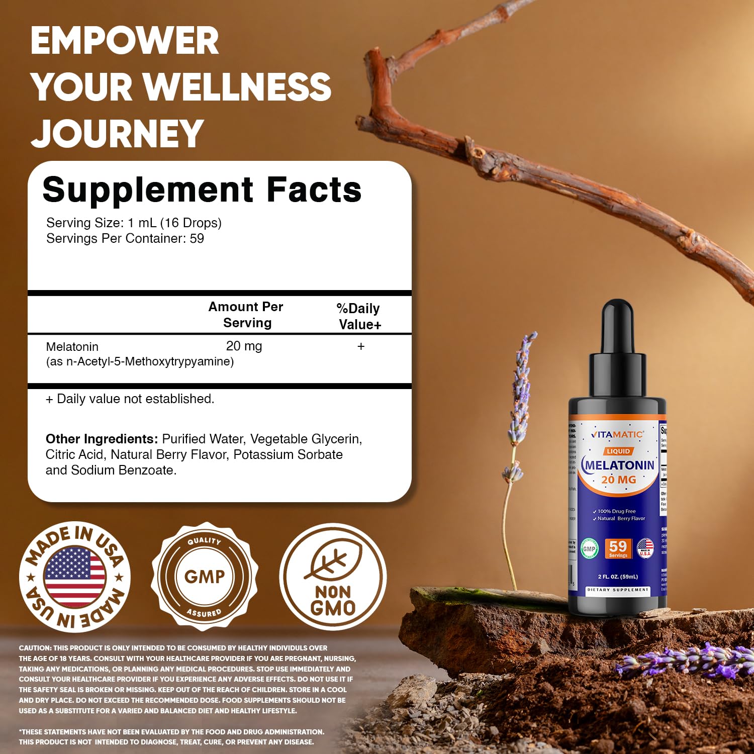 Vitamatic Melatonin Berry Drops pour side view highlights adjustable dosage for personalized nights.