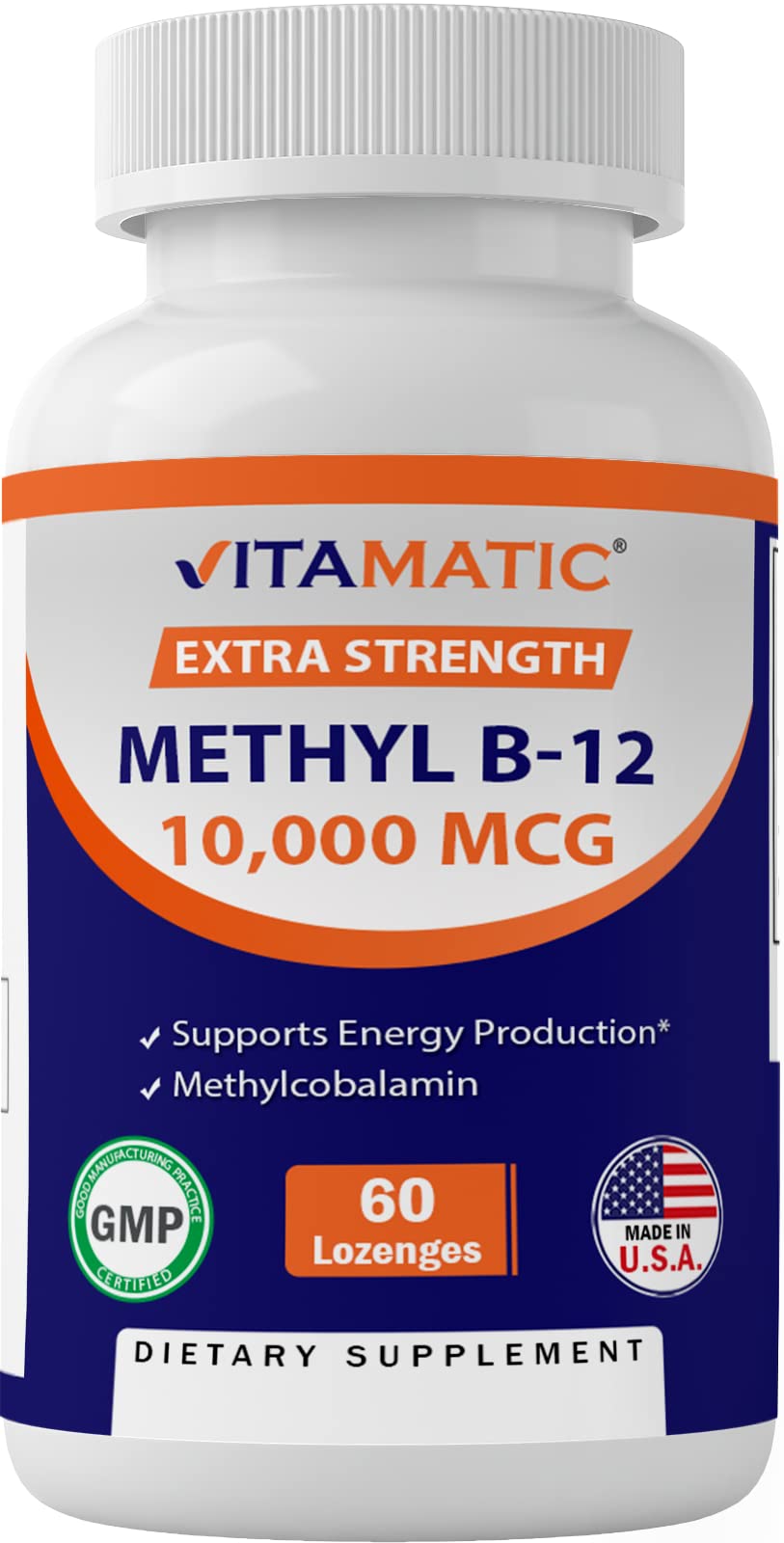 Bottle of Vitamatic Methyl B12 lozenges, 10,000 mcg each