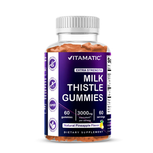 Vitamatic Milk Thistle Gummies bottle with pineapple flavor label