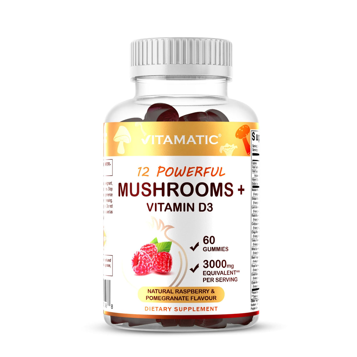 Vitamatic Mushroom Complex with D3 bottle on white background