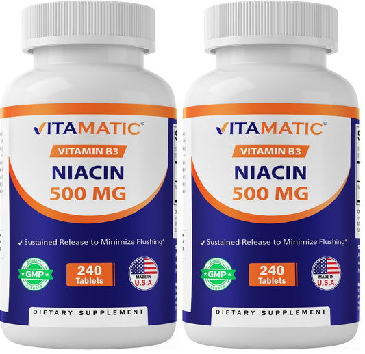 Bottle of Vitamatic Niacin 500mg sustained release tablets, 240-count