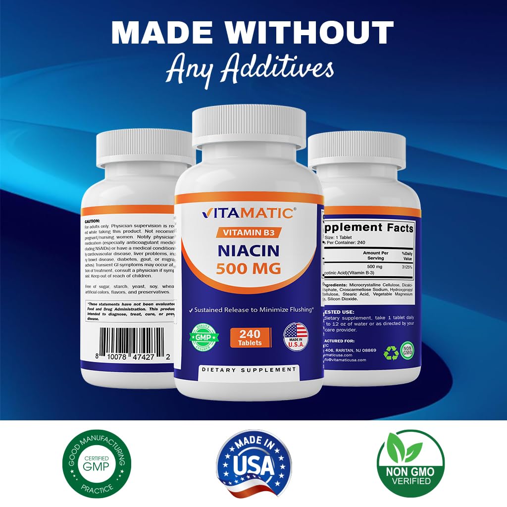 Supplement facts panel highlighting 500 mg Niacin per tablet