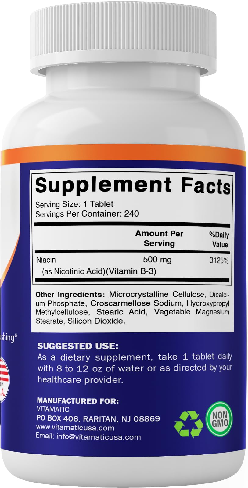 Made in USA GMP standards emblem with Vitamatic Niacin